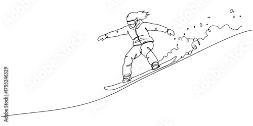 Continuous one line drawing of a person snowboarding down a hill, symbolizing adventure, speed, and excitement, style vector illustration.