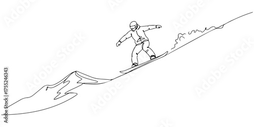 Continuous one line drawing of a person snowboarding down a hill, symbolizing adventure, speed, and excitement, style vector illustration.