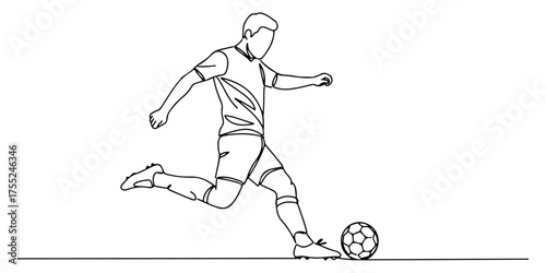 Continuous one line drawing of a soccer player kicking a ball, symbolizing energy, teamwork, and sportsmanship, vector illustration style.
