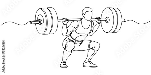 Continuous one line drawing of a weightlifter squatting with a heavy barbell, symbolizing strength, challenge, and tenacity, style vector illustration.