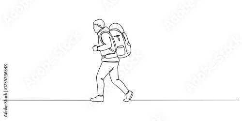 Continuous one line drawing of a person hiking with a backpack, representing exploration, adventure, and nature, style vector illustration.