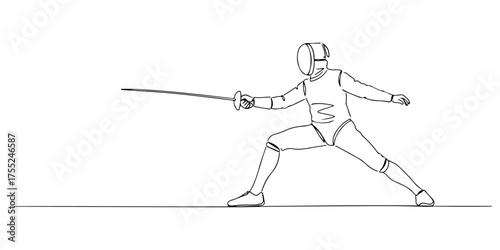 Continuous one line drawing of a fencer in action position, symbolizing precision, elegance, and competition, style vector illustration.