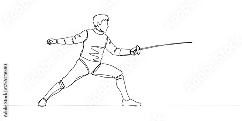Continuous one line drawing of a fencer in action position, symbolizing precision, elegance, and competition, style vector illustration.