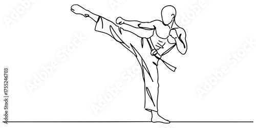 Continuous one line drawing of a person performing a martial arts kick, symbolizing discipline, energy, and defense, vector illustration style.