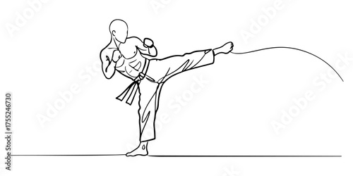 Continuous one line drawing of a person performing a martial arts kick, symbolizing discipline, energy, and defense, vector illustration style.