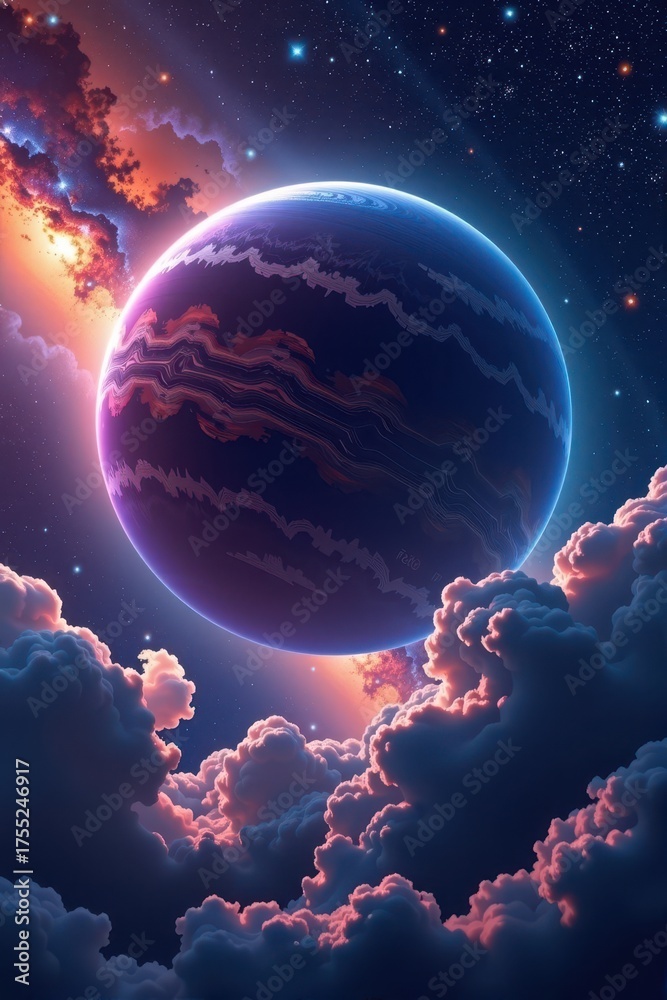 Fototapeta premium Gigantic gas planet, swirling clouds and vibrant hues, dominates foreground against a breathtaking, sprawling galaxy, interstellar, outer space