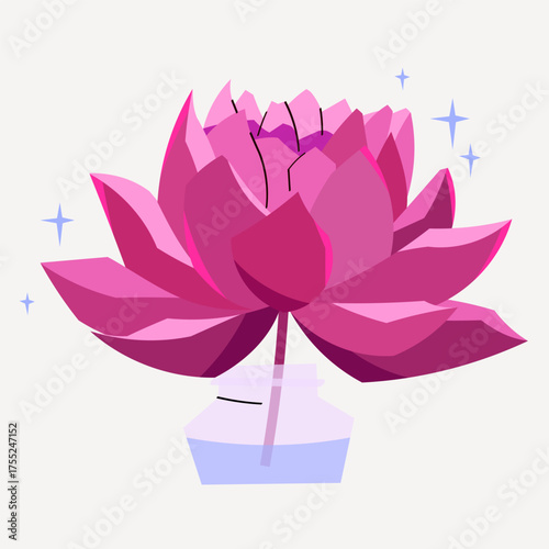 Pink lotus flower in a glass vase with sparkles. Elegant vector illustration symbolizing calm, purity, and mindfulness, perfect for wellness, spa, or interior design projects