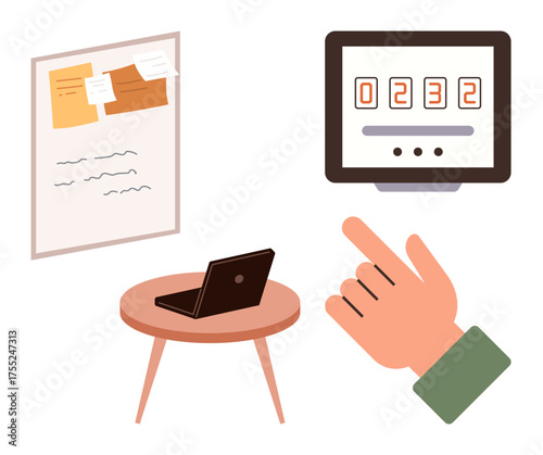 Hand interacts with digital counter screen, laptop rests on table below bulletin board, notes pinned. Ideal for productivity, teamwork, remote work, office organization, task management, digital