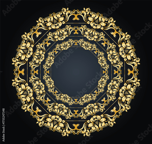 Decorative ornate circular frame in a lavish golden color on a dark blue background