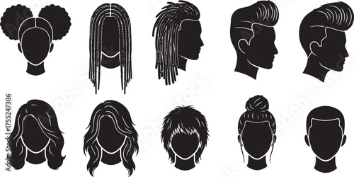 A collection of black vector silhouettes featuring various modern and classic hairstyles for both men and women.