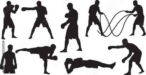  A group of eight black silhouettes depicting men performing various boxing and fitness exercises