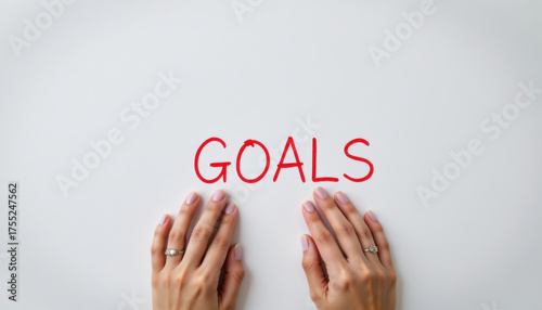 Achieving personal aspirations is essential for growth and fulfillment. image showcases hands gently resting surface, emphasizing word GOALS written bold red letters, symbolizing ambition