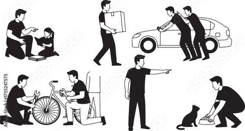 A group of six black and white images representing different charitable actions and community work