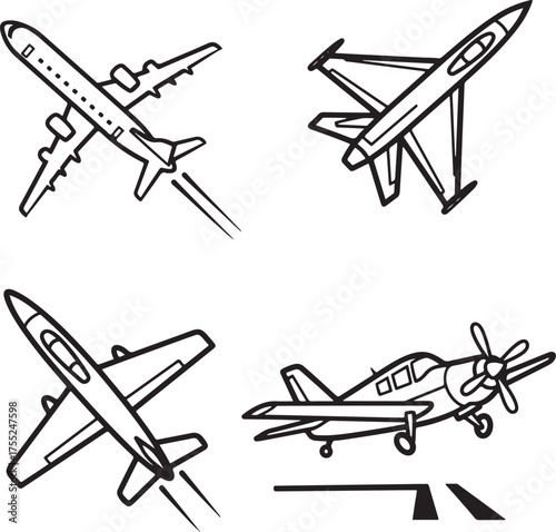 Fotomural : A line art illustration featuring four different styles of airplanes including