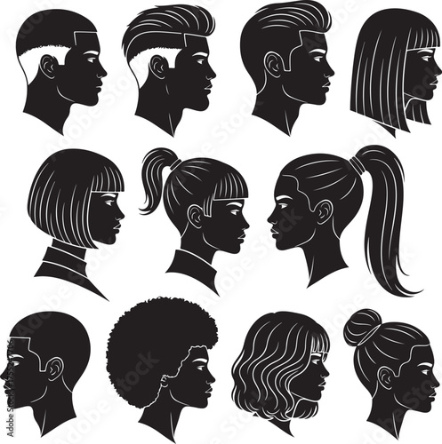 A set of vector illustrations showcasing black silhouettes of various male and female hairstyles.