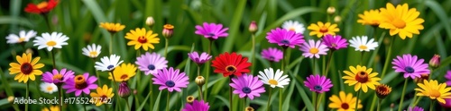 Vibrant wildflowers in full bloom paint a cheerful scene amidst lush green grass, a picturesque display of nature's artistry, summer flowers, environment