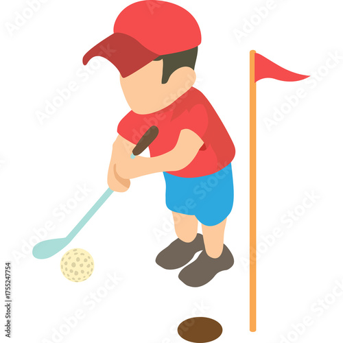 Young Boy in Red Cap and Shirt Plays Golf on a Sunny Day Ready to Putt the Ball Near the Hole and Flagstick