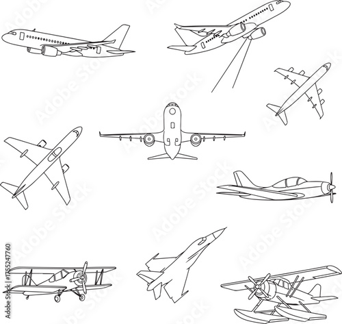 A simple line drawing collection of various aircraft designs including planes and fighter jets