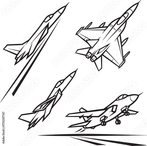 A simple line drawing of four different fighter jets in various dynamic poses and flight paths.