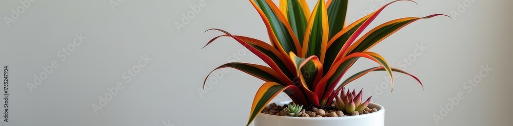 Obraz premium A striking Dracaena marginata plant in a clean white pot accented with small succulents, succulent, vibrant, leafy