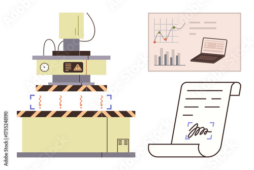 Industrial machine, analytics chart with laptop, and signed document representing manufacturing, production analysis, workflow optimization, data tracking, contract approval, digital processing