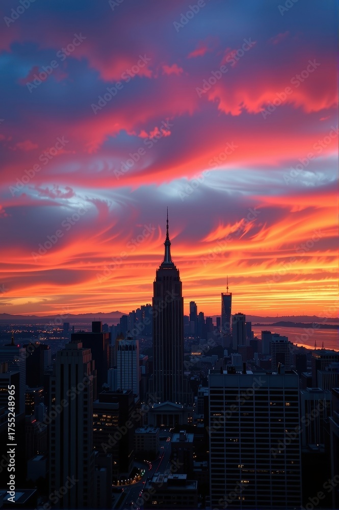 Fototapeta premium Iconic city landmark silhouetted against a dramatic twilight sky, architecture, silhouette, water