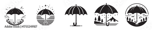 Black umbrella icons set, minimal flat vector illustration, CAD drawing style, weather protection symbol, rain safety concept, isolated silhouette design elements