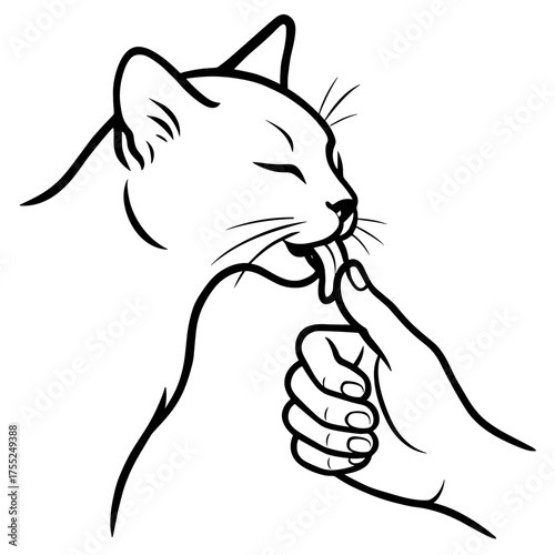 Cat licking human hand, realistic and minimalistic illustration, black and white