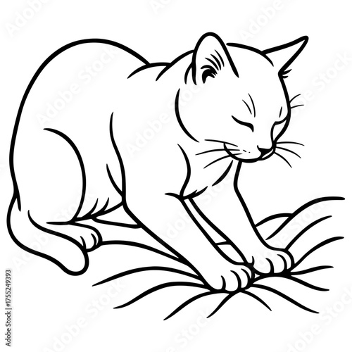 Cat kneading blanket, realistic and minimalistic illustration, black and white
