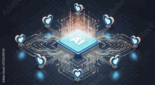 AI chip with hearts, representing artificial intelligence and love.