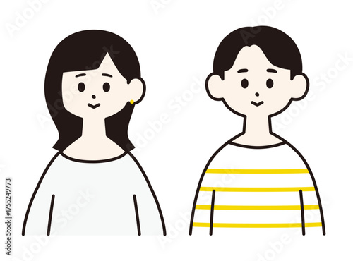 若い男女　正面上半身　シンプルでフラットなイラスト