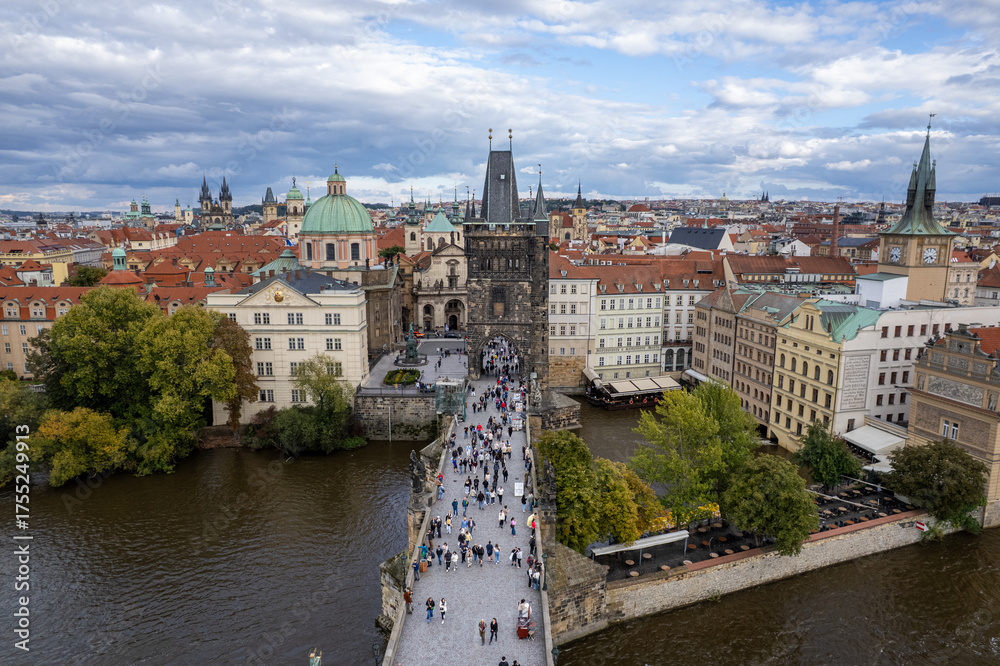 Obraz premium Beautiful Aerial view of the Old Town Bridge Tower, the Charles Bridge (Karlův most) and the City of Prague