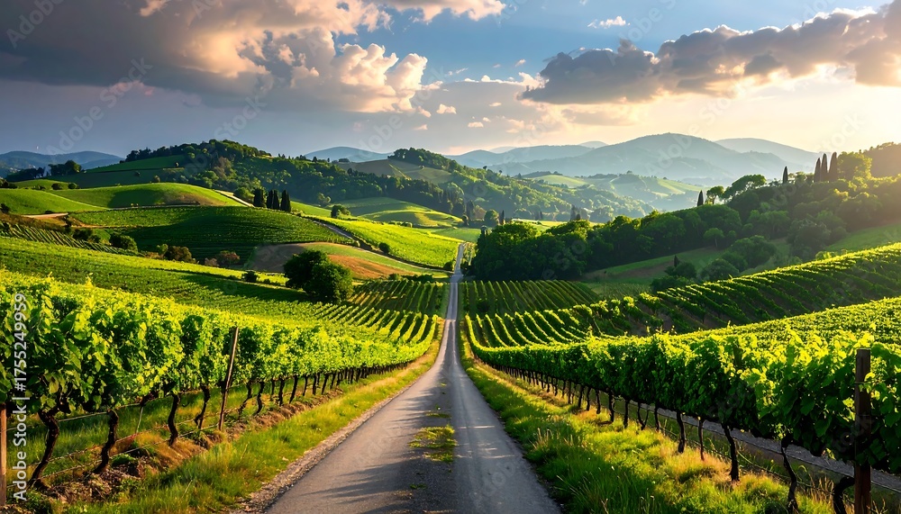 Fototapeta premium Vineyard Vista - A Serene Journey Through Tuscanys Rolling Hills.