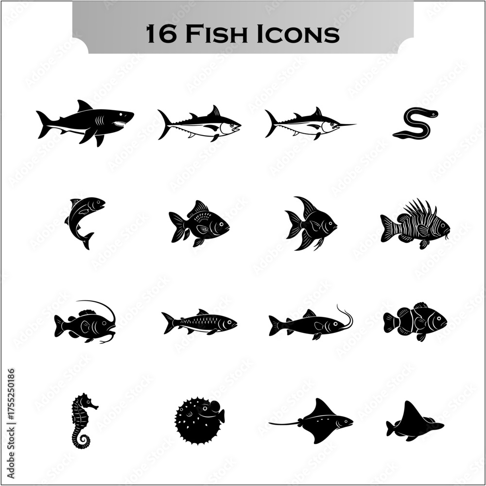 Naklejka premium Fish and Sea Animals Black Silhouette Vector Icons Isolated on Transparent Background. Marine Life and Ocean Creatures Collection.