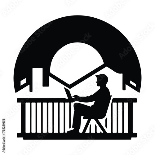 Digital Nomad on Balcony vector silhouette outline logo design concept illustratio