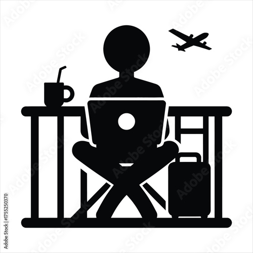 Digital Nomad on Balcony vector silhouette outline logo design concept illustratio