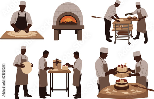 Baking and cake preparation, cad drawing flat vector illustration, bakers decorating desserts, kneading dough, brick oven scene, culinary teamwork graphics