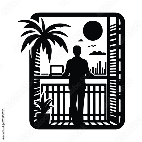 Digital Nomad on Balcony vector silhouette outline logo design concept illustratio