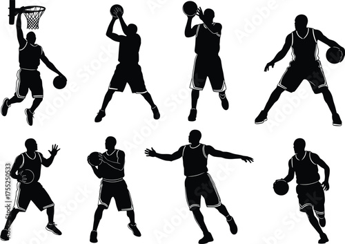 Basketball players silhouette, action poses, dribbling, shooting, dunking, defending, black vector art, sports movement, cad drawing flat vector illustration