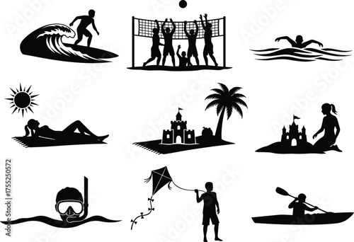 Beach activity silhouette, water sports vector, surfing, kayaking, volleyball, picnic, kite flying, snorkeling, cad drawing flat vector illustration