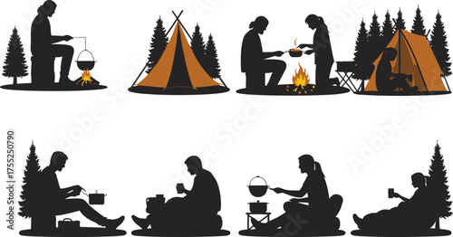 Camping activities silhouette, outdoor cooking, tent setup, nature leisure, people camping, forest adventure, black orange vector, cad drawing flat vector illustration