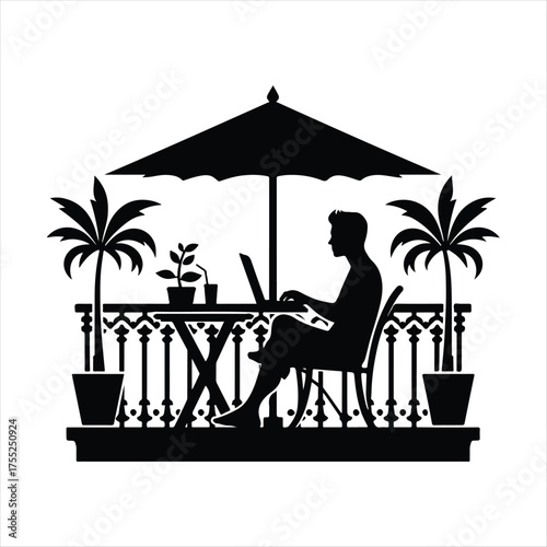 Digital Nomad on Balcony vector silhouette outline logo design concept illustratio