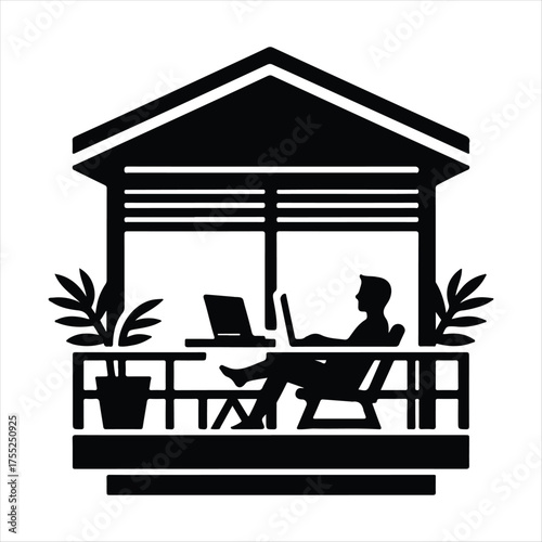 Digital Nomad on Balcony vector silhouette outline logo design concept illustratio
