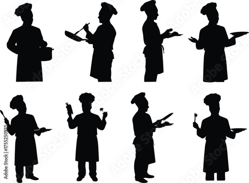 Chef silhouette, cooking pose, kitchen activity, food presentation, cad drawing, flat vector illustration, culinary icon, restaurant scene, gourmet gesture, meal prep