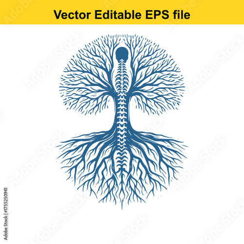 Vector art of tree of life stylized as human spine with roots