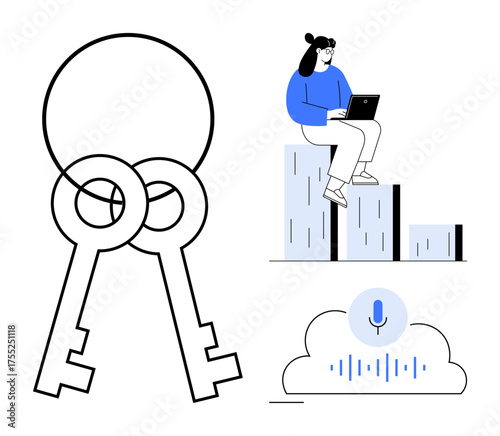 Overlapping keys, person working on blocks, cloud with voice recognition symbol. Ideal for data security, technology, access control, innovation, AI online tools modern solutions. Simple flat