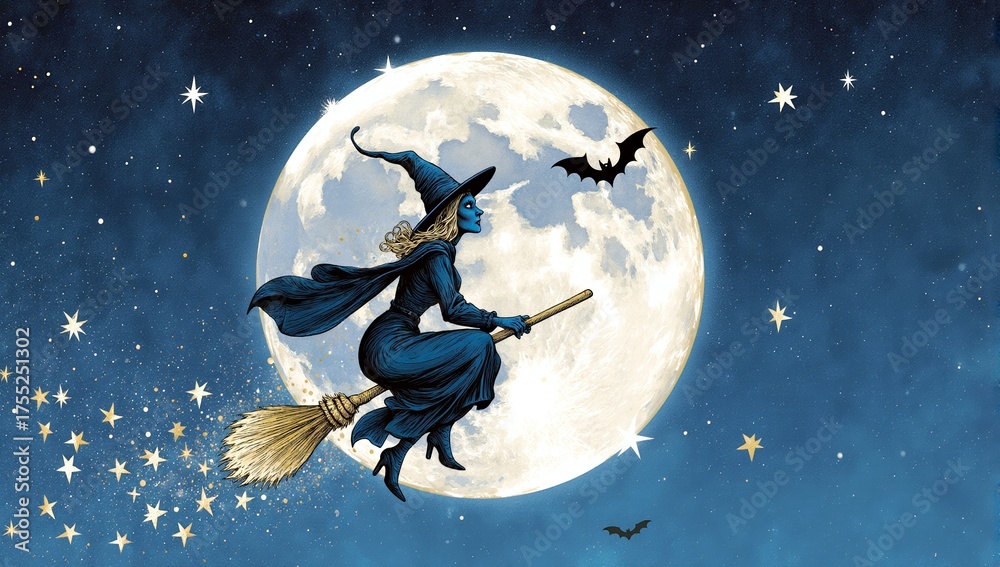 Naklejka premium Magical witch flying across the full moon night sky with bats and stars