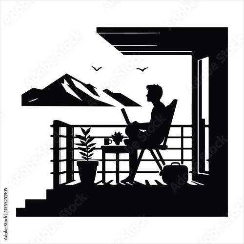Digital Nomad on Balcony vector silhouette outline logo design concept illustratio