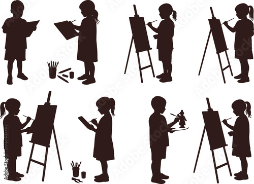 Children, art, drawing, painting, silhouette, sketchpad, easel, creativity, activity, vector, flat, cad drawing, illustration, supplies, education, talent, expression, kids, brush, paper, icon, pose