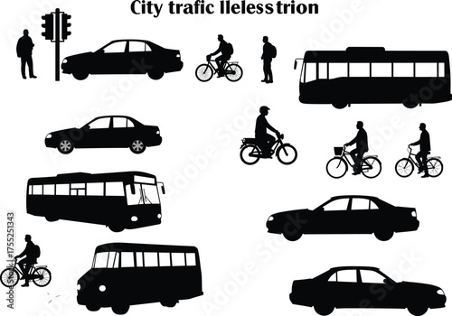 City, traffic, silhouette, car, bus, bicycle, pedestrian, urban, road, transport, vector, flat, cad drawing, illustration, street, light, commute, mobility, public, vehicle, icon, environment